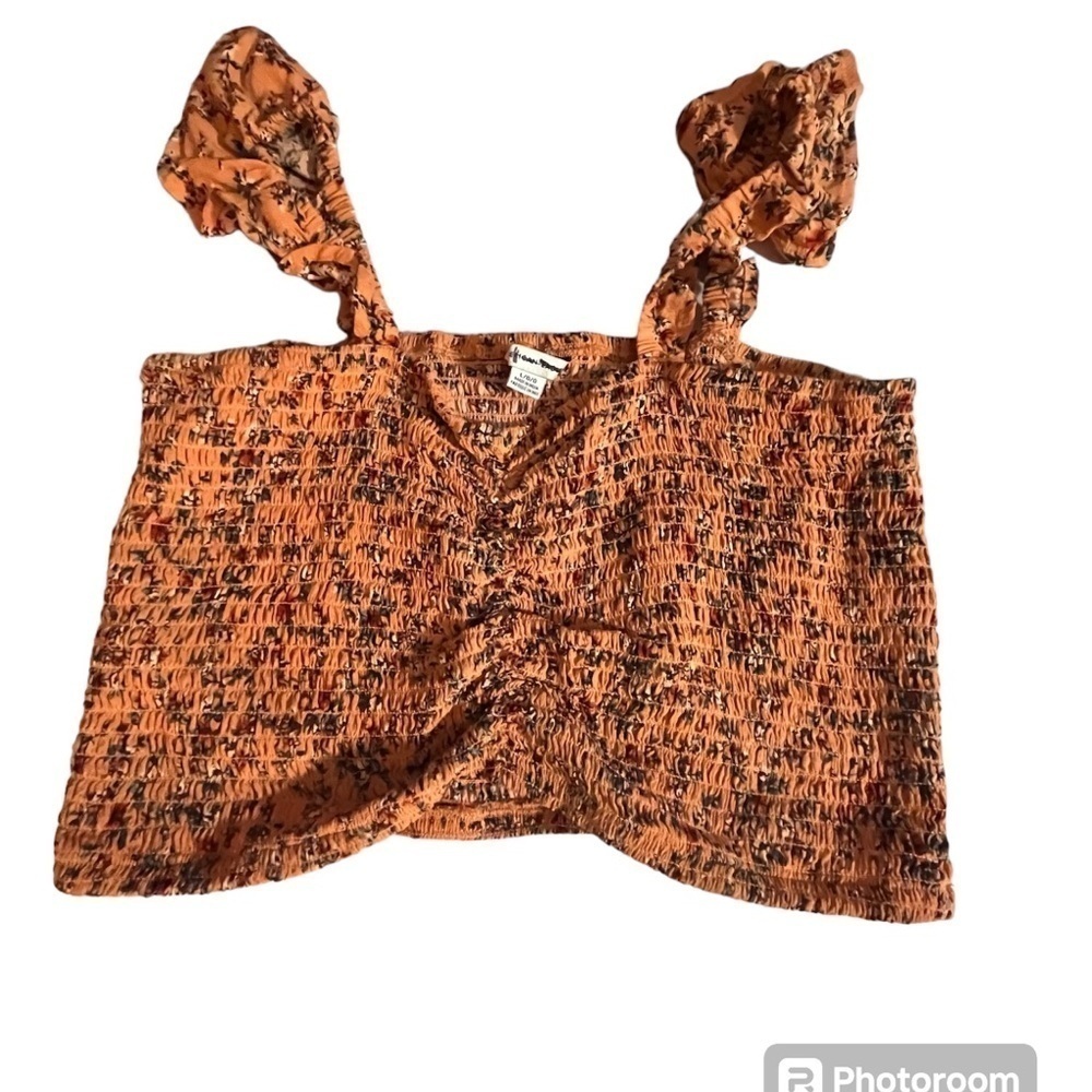 American Eagle Gold Smocked Flirty Stretchy Ruched Summer Crop Top‎ Tank Large